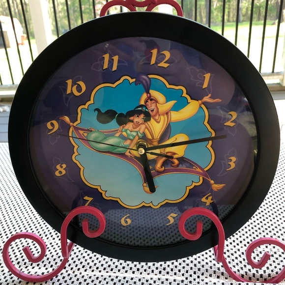 Disney Other - Vintage 90s Disney’s Aladdin & Princess Jasmine Black Rimmed Wall Clock Working!